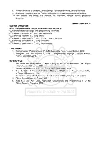 8. Pointers: Pointers to functions, Arrays,Strings, Pointers to Pointers, Array of Pointers
9. Structures: Nested Structures, Pointers to Structures, Arrays of Structures and Unions.
10. Files: reading and writing, File pointers, file operations, random access, processor
directives.
TOTAL: 60 PERIODS
COURSE OUTCOMES:
Upon completion of the course, the students will be able to
CO1: Demonstrate knowledge on C programming constructs.
CO2: Develop programs in C using basic constructs.
CO3: Develop programs in C using arrays.
CO4: Develop applications in C using strings, pointers, functions.
CO5: Develop applications in C using structures.
CO6: Develop applications in C using file processing.
TEXT BOOKS:
1. ReemaThareja, “Programming in C”, Oxford University Press, Second Edition, 2016.
2. Kernighan, B.W and Ritchie,D.M, “The C Programming language”, Second Edition,
Pearson Education, 2015.
REFERENCES:
1. Paul Deitel and Harvey Deitel, “C How to Program with an Introduction to C++”, Eighth
edition, Pearson Education, 2018.
2. Yashwant Kanetkar, Let us C, 17th Edition, BPB Publications, 2020.
3. Byron S. Gottfried, "Schaum's Outline of Theory and Problems of Programming with C",
McGraw-Hill Education, 1996.
4. Pradip Dey, Manas Ghosh, “Computer Fundamentals and Programming in C”, Second
5. Edition, Oxford University Press, 2013.
6. Anita Goel and Ajay Mittal, “Computer Fundamentals and Programming in C”, 1st
Edition, Pearson Education, 2013.
 