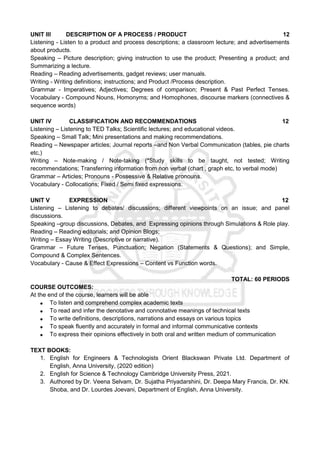 UNIT III DESCRIPTION OF A PROCESS / PRODUCT 12
Listening - Listen to a product and process descriptions; a classroom lecture; and advertisements
about products.
Speaking – Picture description; giving instruction to use the product; Presenting a product; and
Summarizing a lecture.
Reading – Reading advertisements, gadget reviews; user manuals.
Writing - Writing definitions; instructions; and Product /Process description.
Grammar - Imperatives; Adjectives; Degrees of comparison; Present & Past Perfect Tenses.
Vocabulary - Compound Nouns, Homonyms; and Homophones, discourse markers (connectives &
sequence words)
UNIT IV CLASSIFICATION AND RECOMMENDATIONS 12
Listening – Listening to TED Talks; Scientific lectures; and educational videos.
Speaking – Small Talk; Mini presentations and making recommendations.
Reading – Newspaper articles; Journal reports –and Non Verbal Communication (tables, pie charts
etc,)
Writing – Note-making / Note-taking (*Study skills to be taught, not tested; Writing
recommendations; Transferring information from non verbal (chart , graph etc, to verbal mode)
Grammar – Articles; Pronouns - Possessive & Relative pronouns.
Vocabulary - Collocations; Fixed / Semi fixed expressions.
UNIT V EXPRESSION 12
Listening – Listening to debates/ discussions; different viewpoints on an issue; and panel
discussions.
Speaking –group discussions, Debates, and Expressing opinions through Simulations & Role play.
Reading – Reading editorials; and Opinion Blogs;
Writing – Essay Writing (Descriptive or narrative).
Grammar – Future Tenses, Punctuation; Negation (Statements & Questions); and Simple,
Compound & Complex Sentences.
Vocabulary - Cause & Effect Expressions – Content vs Function words.
TOTAL: 60 PERIODS
COURSE OUTCOMES:
At the end of the course, learners will be able
 To listen and comprehend complex academic texts
 To read and infer the denotative and connotative meanings of technical texts
 To write definitions, descriptions, narrations and essays on various topics
 To speak fluently and accurately in formal and informal communicative contexts
 To express their opinions effectively in both oral and written medium of communication
TEXT BOOKS:
1. English for Engineers & Technologists Orient Blackswan Private Ltd. Department of
English, Anna University, (2020 edition)
2. English for Science & Technology Cambridge University Press, 2021.
3. Authored by Dr. Veena Selvam, Dr. Sujatha Priyadarshini, Dr. Deepa Mary Francis, Dr. KN.
Shoba, and Dr. Lourdes Joevani, Department of English, Anna University.
 