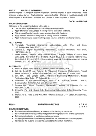 UNIT V MULTIPLE INTEGRALS 9 + 3
Double integrals – Change of order of integration – Double integrals in polar coordinates – Area
enclosed by plane curves – Triple integrals – Volume of solids – Change of variables in double and
triple integrals – Applications: Moments and centres of mass, moment of inertia.
TOTAL: 60 PERIODS
COURSE OUTCOMES:
At the end of the course the students will be able to
 Use the matrix algebra methods for solving practical problems.
 Apply differential calculus tools in solving various application problems.
 Able to use differential calculus ideas on several variable functions.
 Apply different methods of integration in solving practical problems.
 Apply multiple integral ideas in solving areas, volumes and other practical problems.
TEXT BOOKS:
1. Kreyszig.E, "Advanced Engineering Mathematics", John Wiley and Sons,
10th
Edition, New Delhi, 2016.
2. Grewal.B.S., “Higher Engineering Mathematics”, Khanna Publishers, New Delhi,
44th
Edition , 2018.
3. James Stewart, "Calculus: Early Transcendentals", Cengage Learning, 8th
Edition, New
Delhi, 2015. [For Units II & IV - Sections 1.1, 2.2, 2.3, 2.5, 2.7 (Tangents problems only),
2.8, 3.1 to 3.6, 3.11, 4.1, 4.3, 5.1 (Area problems only), 5.2, 5.3, 5.4 (excluding net change
theorem), 5.5, 7.1 - 7.4 and 7.8 ].
REFERENCES:
1. Anton. H, Bivens. I and Davis. S, "Calculus", Wiley, 10th
Edition, 2016
2. Bali. N., Goyal. M. and Watkins. C., “Advanced Engineering Mathematics”, Firewall
Media (An imprint of Lakshmi Publications Pvt., Ltd.,), New Delhi, 7th
Edition, 2009.
3. Jain. R.K. and Iyengar. S.R.K., “Advanced Engineering Mathematics”, Narosa
Publications, New Delhi, 5th
Edition, 2016.
4. Narayanan. S. and Manicavachagom Pillai. T. K., “Calculus" Volume I and II,
S. Viswanathan Publishers Pvt. Ltd., Chennai, 2009.
5. Ramana. B.V., "Higher Engineering Mathematics", McGraw Hill Education Pvt. Ltd,
New Delhi, 2016.
6. Srimantha Pal and Bhunia. S.C, "Engineering Mathematics" Oxford University Press,
2015.
7. Thomas. G. B., Hass. J, and Weir. M.D, " Thomas Calculus ", 14th
Edition, Pearson India,
2018.
PH3151 ENGINEERING PHYSICS L T P C
3 0 0 3
COURSE OBJECTIVES:
 To make the students effectively achieve an understanding of mechanics.
 To enable the students to gain knowledge of electromagnetic waves and its applications.
 To introduce the basics of oscillations, optics and lasers.
 Equipping the students to successfully understand the importance of quantum physics.
 To motivate the students towards the applications of quantum mechanics.
 