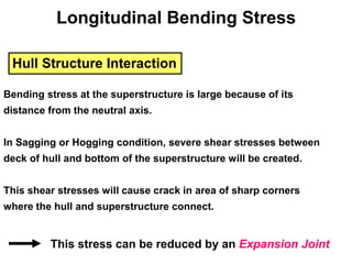 Hull Structure Interaction
Bending stress at the superstructure is large because of its
distance from the neutral axis.
In Sagging or Hogging condition, severe shear stresses between
deck of hull and bottom of the superstructure will be created.
This shear stresses will cause crack in area of sharp corners
where the hull and superstructure connect.
This stress can be reduced by an Expansion Joint
Longitudinal Bending Stress
 