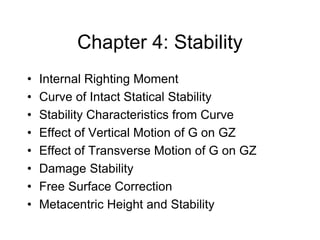 Chapter 4: Stability
• Internal Righting Moment
• Curve of Intact Statical Stability
• Stability Characteristics from Curve
• Effect of Vertical Motion of G on GZ
• Effect of Transverse Motion of G on GZ
• Damage Stability
• Free Surface Correction
• Metacentric Height and Stability
 
