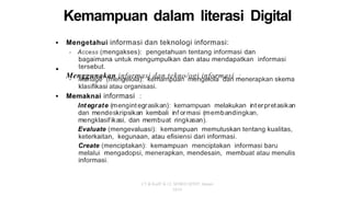 Kemampuan dalam literasi Digital
Mengetahui informasi dan teknologi informasi:
- Access (mengakses): pengetahuan tentang informasi dan
bagaimana untuk mengumpulkan dan atau mendapatkan informasi
tersebut.
Menggunakan informasi dan tekno/ogi informasi :
•
•
- Manage (mengelola): kemampuan mengelola dan menerapkan skema
klasifikasi atau organisasi.
Memaknai informasi :
Integrate (mengintegrasikan): kemampuan melakukan interpretasikan
dan mendeskripsikan kembali inf ormasi (membandingkan,
mengklasifikasi, dan membuat ringkasan).
Evaluate (mengevaluasi): kemampuan memutuskan tentang kualitas,
keterkaitan, kegunaan, atau efisiensi dari informasi.
Create (menciptakan): kemampuan menciptakan informasi baru
melalui mengadopsi, menerapkan, mendesain, membuat atau menulis
informasi.
•
CT & KurlF K-12, SEMEO QITEP, Januari
2020
 