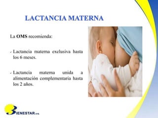 La OMS recomienda:
 Lactancia materna exclusiva hasta
los 6 meses.
 Lactancia materna unida a
alimentación complementaria hasta
los 2 años.
 