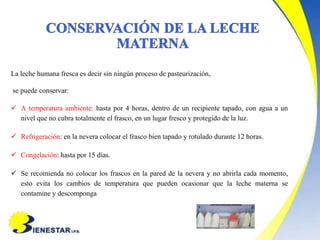 La leche humana fresca es decir sin ningún proceso de pasteurización,
se puede conservar:
 A temperatura ambiente: hasta por 4 horas, dentro de un recipiente tapado, con agua a un
nivel que no cubra totalmente el frasco, en un lugar fresco y protegido de la luz.
 Refrigeración: en la nevera colocar el frasco bien tapado y rotulado durante 12 horas.
 Congelación: hasta por 15 días.
 Se recomienda no colocar los frascos en la pared de la nevera y no abrirla cada momento,
esto evita los cambios de temperatura que pueden ocasionar que la leche materna se
contamine y descomponga
 