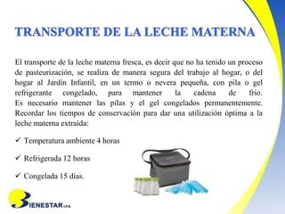 El transporte de la leche materna fresca, es decir que no ha tenido un proceso
de pasteurización, se realiza de manera segura del trabajo al hogar, o del
hogar al Jardín Infantil, en un termo o nevera pequeña, con pila o gel
refrigerante congelado, para mantener la cadena de frio.
Es necesario mantener las pilas y el gel congelados permanentemente.
Recordar los tiempos de conservación para dar una utilización óptima a la
leche materna extraída:
 Temperatura ambiente 4 horas
 Refrigerada 12 horas
 Congelada 15 días.
 