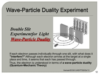 Double Slit
Experimentfor Light
Wave-Particle Duality
If each electron passes individually through one slit, with what does it
"interfere?" Although each electron arrives at the target at a single
place and time, it seems that each has passed through.
Thus, the electron is understood in terms of a wave-particle duality
(Quantum-Mechanic Theory)
Hanisah/EO301/JKE/PTSS/Dis'13
12
 