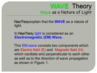 W
a
v
eTheoryexplain that the WAVE as a nature of
light.
In WaveTheory, light is considered as an
Electromagnetic (EM) Wave.
This EM wave consists two components which
are Electric field (E) and Magnetic field (H)
which oscillate and perpendicular to each other
as well as to the direction of wave propagation
as shown in Figure 1.
17
 