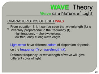 CHARACTERISTICS OF LIGHT W
A
V
E
S
From equation 1.1, it can be seen that wavelength (λ) is
inversely proportional to the frequency (f).
high frequency = short wavelength
low frequency = long wavelength
Light wave have different colors of dispersion depends
on the frequency (f) or wavelength (λ).
Different frequency, or wavelength of wave will give
different color of light
23
 