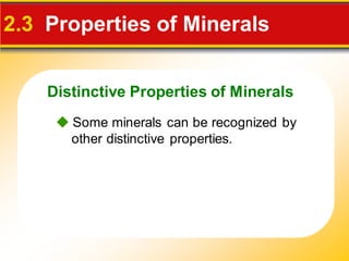 Distinctive Properties of Minerals
2.3 Properties of Minerals
◆ Some minerals can be recognized by
other distinctive properties.
 