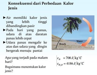 Konsekuensi dari Perbedaan Kalor
Jenis
Apa yang terjadi pada malam
hari?
Bagaimana menentukan kalor
jenis?
►Air memiliki kalor jenis
yang lebih tinggi
dibandingkan pasir
►Pada hari yang panas,
udara di atas daratan
panas lebih cepat
►Udara panas mengalir ke
atas dan udara yang dingin
bergerak menuju pantai
 