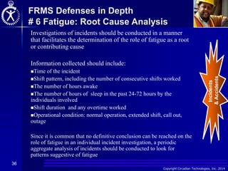 Copyright Circadian Technologies, Inc. 2014
36
Incidents
&
Accidents
Investigations of incidents should be conducted in a manner
that facilitates the determination of the role of fatigue as a root
or contributing cause
Information collected should include:
Time of the incident
Shift pattern, including the number of consecutive shifts worked
The number of hours awake
The number of hours of sleep in the past 24-72 hours by the
individuals involved
Shift duration and any overtime worked
Operational condition: normal operation, extended shift, call out,
outage
Since it is common that no definitive conclusion can be reached on the
role of fatigue in an individual incident investigation, a periodic
aggregate analysis of incidents should be conducted to look for
patterns suggestive of fatigue
FRMS Defenses in Depth
# 6 Fatigue: Root Cause Analysis
 