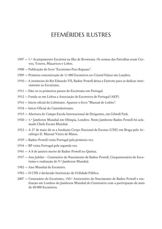 1907 — 1.º Acampamento Escutista na Ilha de Brownsea. Os nomes das Patrulhas eram Cor-
vos, Touros, Maçaricos e Lobos.
1908 — Publicação do livro “Escutismo Para Rapazes”.
1909 — Primeira concentração de 11 000 Escuteiros no Crystal Palace em Londres.
1910 — A instâncias do Rei Eduardo VII, Baden-Powell deixa o Exército para se dedicar intei-
ramente ao Escutismo.
1911 — Dão-se os primeiros passos do Escutismo em Portugal.
1912 — Funda-se em Lisboa a Associação de Escoteiros de Portugal (AEP).
1916 — Início oficial do Lobitismo. Aparece o livro “Manual do Lobito”.
1918 — Início Oficial do Caminheirismo.
1919 — Abertura do Campo Escola Internacional de Dirigentes, em Gilwell Park.
1920 — 1.º Jamboree Mundial em Olímpia, Londres. Neste Jamboree Baden-Powell foi acla-
mado Chefe Escuta Mundial.
1923 — A 27 de maio dá-se a fundação Corpo Nacional de Escutas (CNE) em Braga pelo Ar-
cebispo D. Manuel Vieira de Matos.
1929 — Baden-Powell visita Portugal pela primeira vez.
1934 — BP visita Portugal pela segunda vez.
1941 — A 8 de janeiro morte de Baden-Powell no Quénia.
1957 — Ano Jubilar – Centenário do Nascimento de Baden-Powell, Cinquentenário do Escu-
tismo e realização do 9.º Jamboree Mundial.
1982 — Ano Mundial do Escuteiro.
1983 — O CNE é declarado Instituição de Utilidade Pública.
2007 — Centenário do Escutismo, 150.º Aniversário do Nascimento de Baden-Powell e rea-
lização em Londres do Jamboree Mundial do Centenário com a participação de mais
de 40 000 Escuteiros.
EFEMÉRIDES ILUSTRES
 