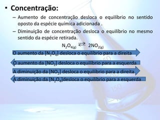 • Concentração:
– Aumento de concentração desloca o equilíbrio no sentido
oposto da espécie química adicionada .
– Diminuição de concentração desloca o equilíbrio no mesmo
sentido da espécie retirada.
N2O4(g) 2NO2(g)
O aumento da [N2O4] desloca o equilíbrio para a direita
O aumento da [NO2] desloca o equilíbrio para a esquerda
A diminuição da [NO2] desloca o equilíbrio para a direita
A diminuição da [N2O4]desloca o equilíbrio para a esquerda
 