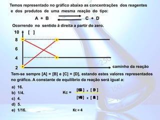 Temos representado no gráfico abaixo as concentrações dos reagentes
e dos produtos de uma mesma reação do tipo:
A + B C + D
Ocorrendo no sentido à direita a partir do zero.
Tem-se sempre [A] = [B] e [C] = [D], estando estes valores representados
no gráfico. A constante de equilíbrio da reação será igual a:
2
4
6
8
10 [ ]
caminho da reação
a) 16.
b) 1/4.
c) 4.
d) 5.
e) 1/16.
=
[ C ]
KC
8
x [ D ]
[ A ] x [ B ]
8
4
4
16
64
KC = 4
 