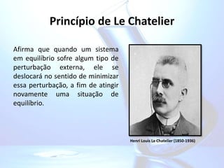 Princípio de Le Chatelier
Afirma que quando um sistema
em equilíbrio sofre algum tipo de
perturbação externa, ele se
deslocará no sentido de minimizar
essa perturbação, a fim de atingir
novamente uma situação de
equilíbrio.
Henri Louis Le Chatelier (1850-1936)
 