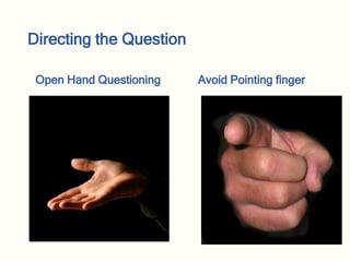 Directing the Question
Open Hand Questioning Avoid Pointing finger
 