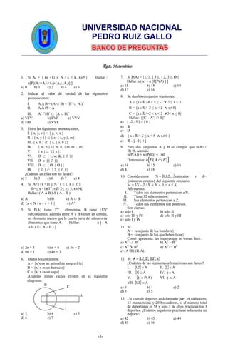 -1-
Raz. Matemático
1. Si Ak = { (x +1) Î N / x ≤ k, xÎN} Hallar :
n[P[(A1∪A3∪A5)-(A2∪A4)] ]
a) 0 b) 1 c) 2 d) 4 e) 6
2. Indicar el valor de verdad de las siguientes
proposiciones:
I. A Δ B = (A ∪ B) – (B’ ∪ A’)’
II. A Δ Ø = A
III. A’ ∩ B’ Ì (A ∪ B)’
a) VFV b) FVF c) VVV
d) FFF e) VVF
3. Entre las siguientes proposiciones,
I. { x, y, z } = { y, z, x }
II. {{ x, y }} Ì { z, { x, y }, m}
III. { a, b } Ë { a, { a, b }}
IV. { m, n }Î{ m, n, { m, m }, m}
V. { x } Ì {{ x }}
VI. Ø Ì { 1, w, &, { Ø }}
VII. Ø Î {{ Ø }}
VIII. Ø Ì { Ø, { Ø }}
IX. { Ø } Ì { 2, { Ø }}
¿Cuántas de ellas son no falsas?
a) 5 b) 3 c) 6 d) 7 e) 4
4. Si A={ (x +1) Î N / x ≤ 1, x Î Z }
B={(x +1)(3-1
)ÎZ/ 2≤ x≤ 5, xÎN}
Hallar: ( A Δ B ) Δ ( A – B )
a) A b) B c) A ∪ B
d) {x Î N / x = x + 1 } e) A’
5. Si P(A) tiene 28n
elementos, B tiene (32)n
subconjuntos, además entre A y B tienen en común,
un elemento menos que la cuarta parte del número de
elementos que tiene A. Hallar: n [ ( A
Δ B ) ∩ ( A – B ) ]
a) 2n + 3 b) n + 6 c) 3n + 2
d) 6n + 1 e) 4n + 3
6. Dados los conjuntos:
A = {x/x es un animal de sangre fría}
B = {x/ x es un batracio}
C = {x/ x es un sapo}
¿Cuántas zonas vacías existen en el siguiente
diagrama:
a) 3 b) 4 c) 5
d) 6 e) 7
7. Si P(A) = {{2}, { 3 }, { 2, 3 }, Ø }
Hallar: n(A) + n [P[P(A) ] ]
a) 15 b) 18 c) 10
d) 12 e) 16
8. Se dan los conjuntos siguientes:
A = {xÎℝ /-6 < x ≤ -2 ⋁ 2 ≤ x < 5}
B = {xÎℝ / -2 ≤ x < 2 ⋀ x≠ 0}
C = {xÎℝ / -2 < x < 2 ⋁5< x ≤ 8}
Hallar: [(C – A’) ∩ B]’
a) [ -2 ; 5 ] – { 0 }
b) ℝ
c) Ø
d) { xÎℝ / -2 ≤ x < 5 ⋀ x≠ 0 }
e) ℝ - ] –2 ; 5 ]
9. Para dos conjuntos A y B se cumple que n(AÈ
B)=8, además:
n(P(A)) + n (P(B)) = 160
Determinar [ ]
)
( B
A
P
n Ç
a) 14 b) 15 c) 16
d) 4 e) 18
10. Consideremos { }
,...
2
,
1
,
0
N = naturales y Z=
{números enteros} del siguiente conjunto.
M = 3X – 2 / X Î N Ù 0 £ x £ 4}
Afirmamos:
I. Todos sus elementos pertenecen a N.
II. Tiene 32 subconjuntos.
III. Sus elementos pertenecen a Z.
IV. Todos sus elementos son positivos.
Son ciertas:
a) solo I b) solo II
c) solo III y IV d) solo II y III
e) solo I y IV
11. Si:
A = {conjunto de los hombres}
B = {conjunto de los que beben licor}
Como representa: las mujeres que no toman licor:
a) AC
È BC
b) AC
– BC
c) AC
D BC
d) AC
Ç BC
e) (A+B) (B-A)
12. Si: {}{ }
{ }
f
= ,
2
,
1
,
1
,
2
,
1
A
¿Cuántos de las siguientes afirmaciones son falsos?
I. { } A
2
,
1 Î II. {} A
1 Î
III. {} A
1 Ì IV. A
Î
f
V. { } )
A
(
P
Î
f VI. A
Ì
f
VII. { } A
2
,
1 Ì
a) 0 b) 1 c) 2
d) 3 e) 5
13. Un club de deportes está formado por: 38 nadadores,
15 maratonistas y 20 boxeadores, si el número total
de deportistas es 58 y solo 3 de ellos practican los 3
deportes. ¿Cuántos jugadores practican solamente un
deporte?
a) 42 b) 43 c) 44
d) 45 e) 46
A
C
B
 