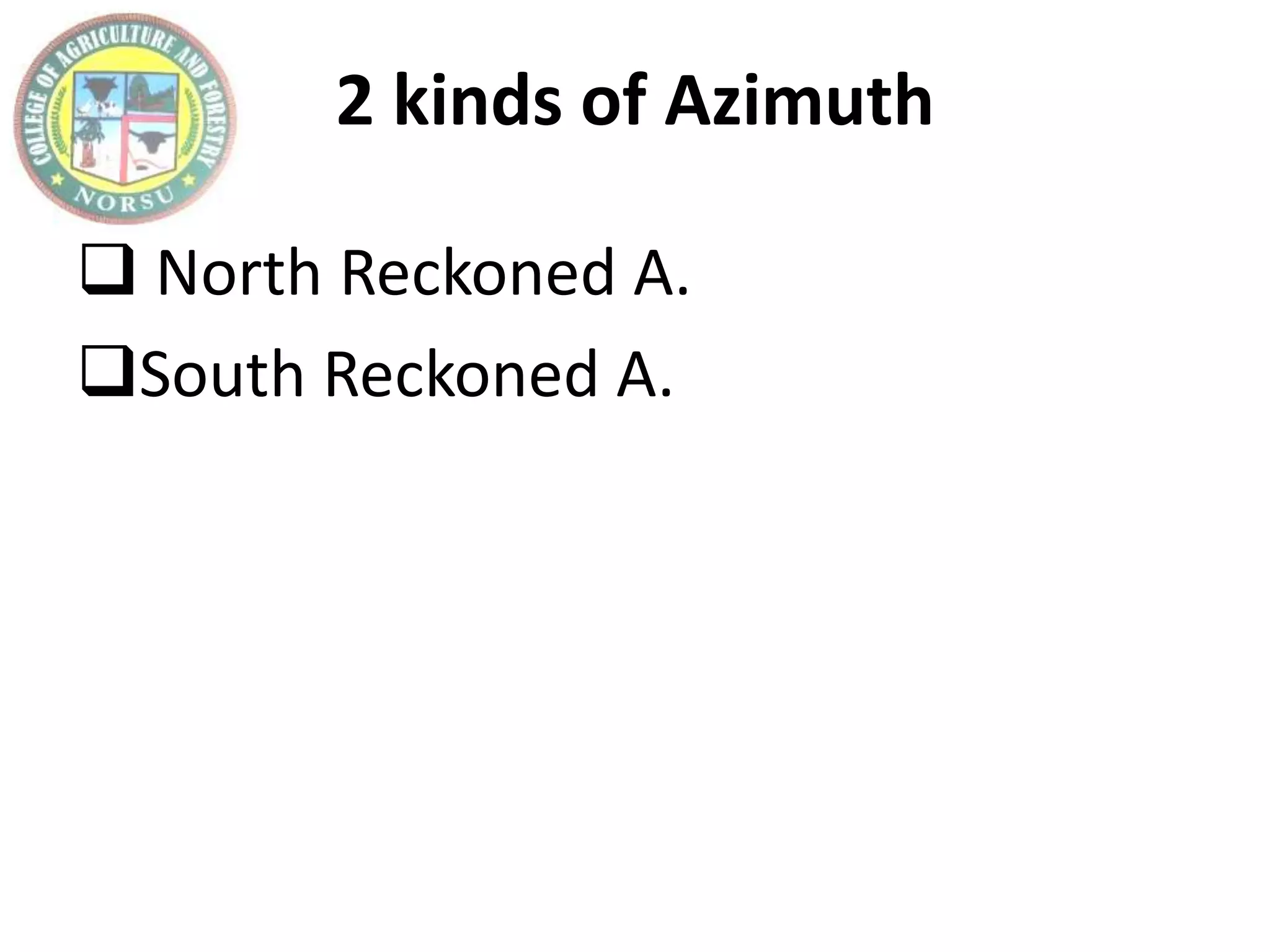 2 kinds of Azimuth
 North Reckoned A.
South Reckoned A.
 