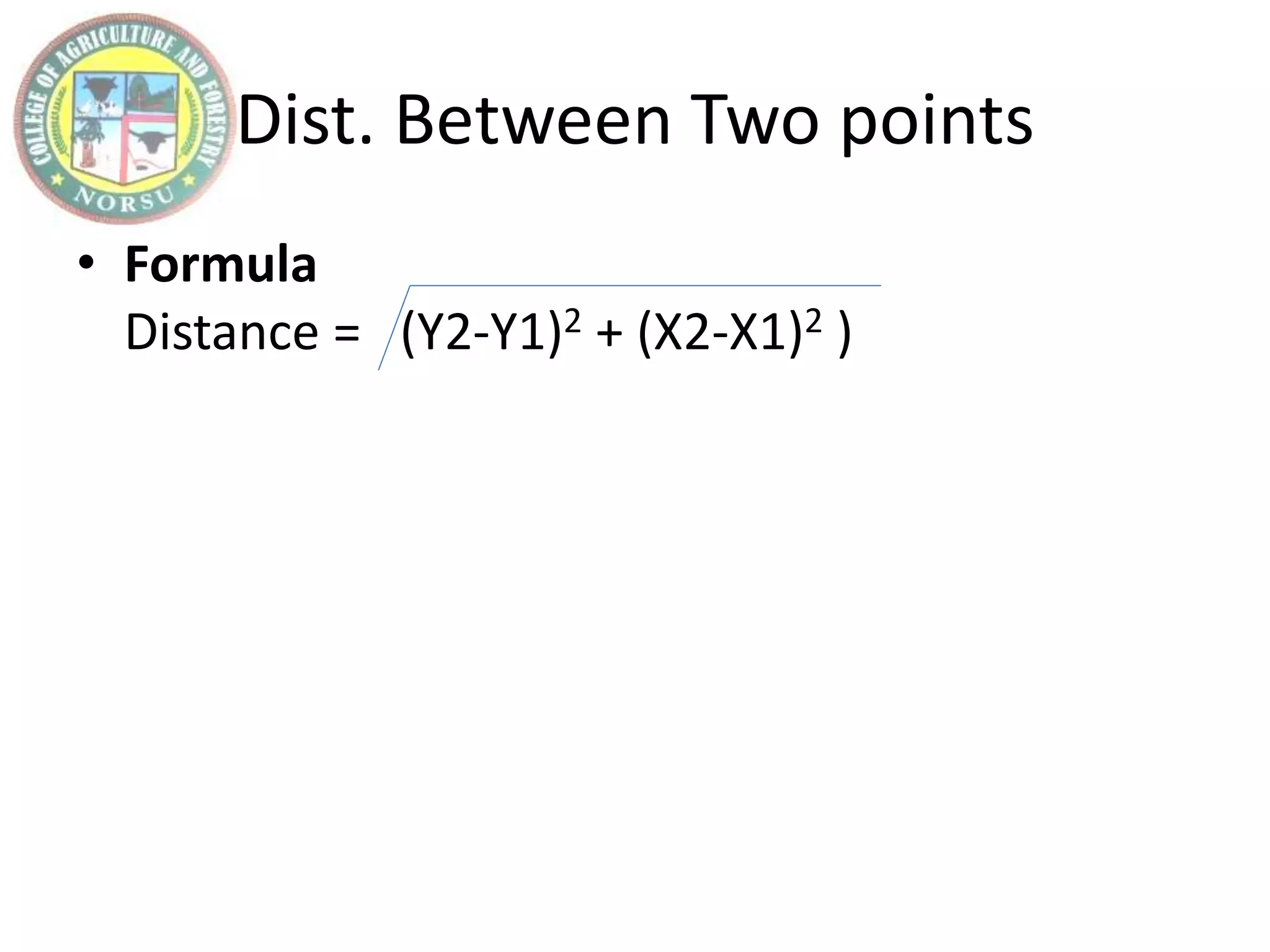Dist. Between Two points
• Formula
Distance = (Y2-Y1)2 + (X2-X1)2 )
 