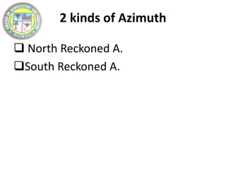 2 kinds of Azimuth
 North Reckoned A.
South Reckoned A.
 