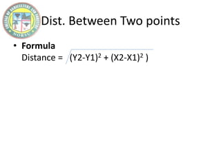 Dist. Between Two points
• Formula
Distance = (Y2-Y1)2 + (X2-X1)2 )
 