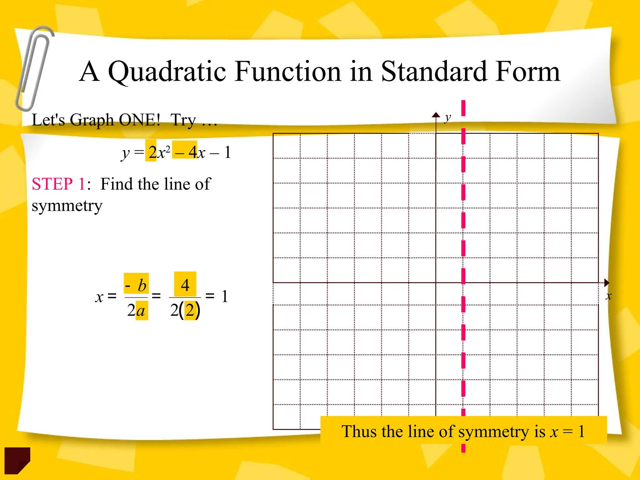 STEP 1: Find the line of
symmetry
Let's Graph ONE! Try …
y = 2x2
– 4x – 1
( )
4
1
2 2 2
b
x
a
-
= = =
A Quadratic Function in Standard Form
y
x
Thus the line of symmetry is x = 1
 