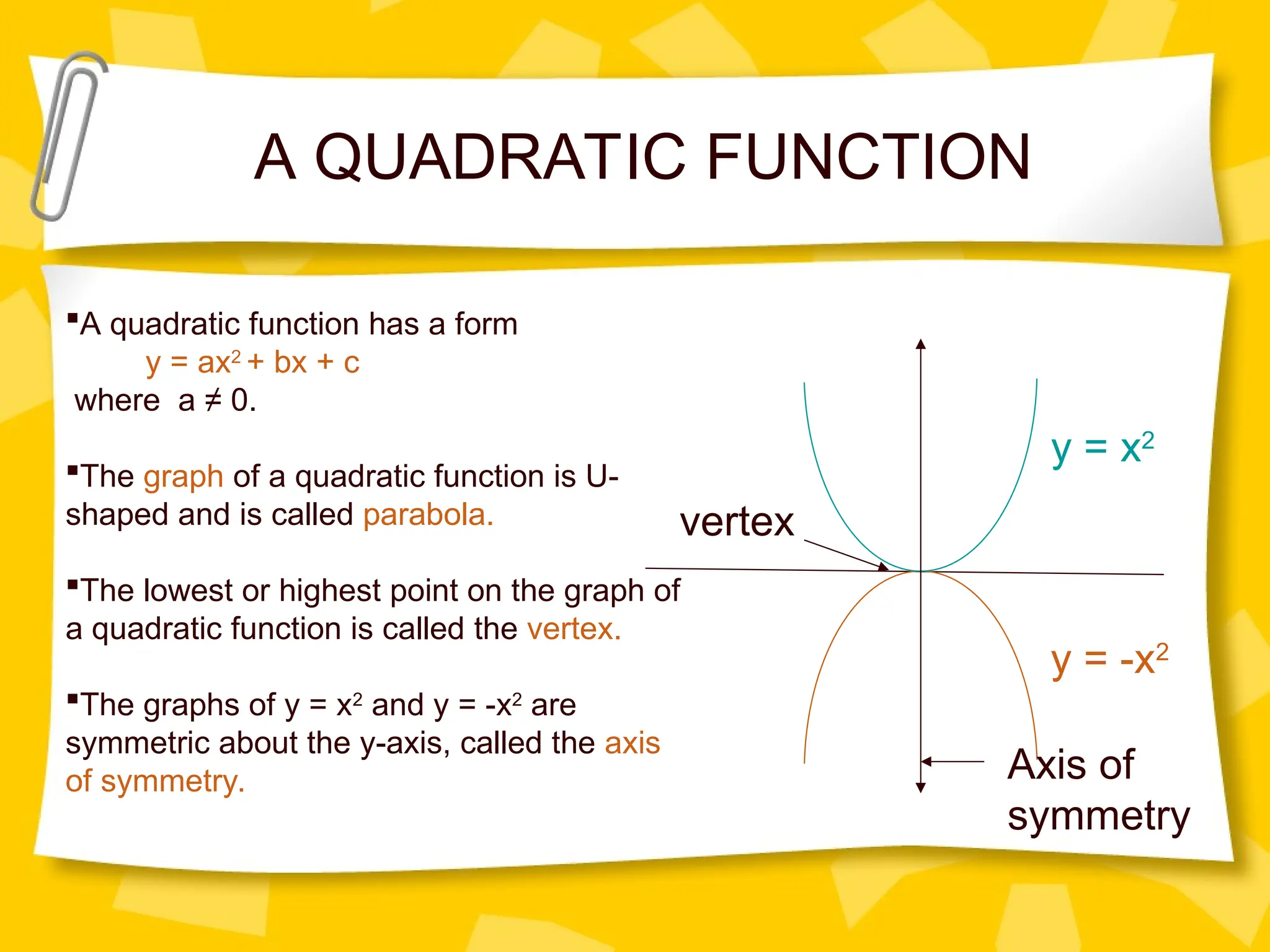 A QUADRATIC FUNCTION
vertex
Axis of
symmetry
y = x2
y = -x2
A quadratic function has a form
y = ax2
+ bx + c
where a ≠ 0.
The graph of a quadratic function is U-
shaped and is called parabola.
The lowest or highest point on the graph of
a quadratic function is called the vertex.
The graphs of y = x2
and y = -x2
are
symmetric about the y-axis, called the axis
of symmetry.
 