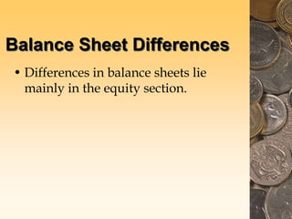 Balance Sheet Differences
• Differences in balance sheets lie
mainly in the equity section.
 