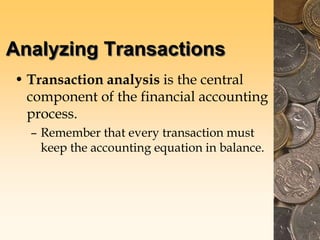 Analyzing Transactions
• Transaction analysis is the central
component of the financial accounting
process.
– Remember that every transaction must
keep the accounting equation in balance.
 