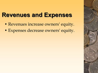 Revenues and Expenses
• Revenues increase owners' equity.
• Expenses decrease owners' equity.
 