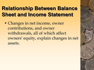 Relationship Between Balance
Sheet and Income Statement
• Changes in net income, owner
contributions, and owner
withdrawals, all of which affect
owners' equity, explain changes in net
assets.
 