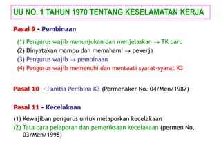 (1) Pengurus wajib menunjukan dan menjelaskan  TK baru
(2) Dinyatakan mampu dan memahami  pekerja
(3) Pengurus wajib  pembinaan
(4) Pengurus wajib memenuhi dan mentaati syarat-syarat K3
UU NO. 1 TAHUN 1970 TENTANG KESELAMATAN KERJA
Pasal 9 - Pembinaan
Pasal 10 - Panitia Pembina K3 (Permenaker No. 04/Men/1987)
Pasal 11 - Kecelakaan
(1) Kewajiban pengurus untuk melaporkan kecelakaan
(2) Tata cara pelaporan dan pemeriksaan kecelakaan (permen No.
03/Men/1998)
 