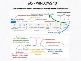 VAMOS CONFERIR TODOS OS ELEMENTOS DO EXPLORADOR DE ARQUIVOS.
MS - WINDOWS 10
 