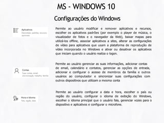 Configurações do Windows
Permite ao usuário modificar e remover aplicativos e recursos,
escolher os aplicativos padrões (por exemplo o player de música, o
visualizador de fotos e o navegador da Web), baixar mapas para
utilizá-los offline, associar aplicativos a sites, alterar as configurações
de vídeo para aplicativos que usam a plataforma de reprodução de
vídeo incorporada no Windows e ativar ou desativar os aplicativos
que iniciam quando o usuário realiza o logon.
Permite ao usuário gerenciar as suas informações, adicionar contas
de email, calendário e contatos, gerenciar as opções de entrada,
adicionar e configurar o acesso de membros da família e outros
usuários ao computador e sincronizar suas configurações com
outros dispositivos que utilizam a mesma conta
Permite ao usuário configurar a data e hora, escolher o país ou
região do usuário, configurar o idioma de exibição do Windows,
escolher o idioma principal que o usuário fala, gerenciar vozes para o
dispositivo e aplicativos e configurar o microfone.
MS - WINDOWS 10
 
