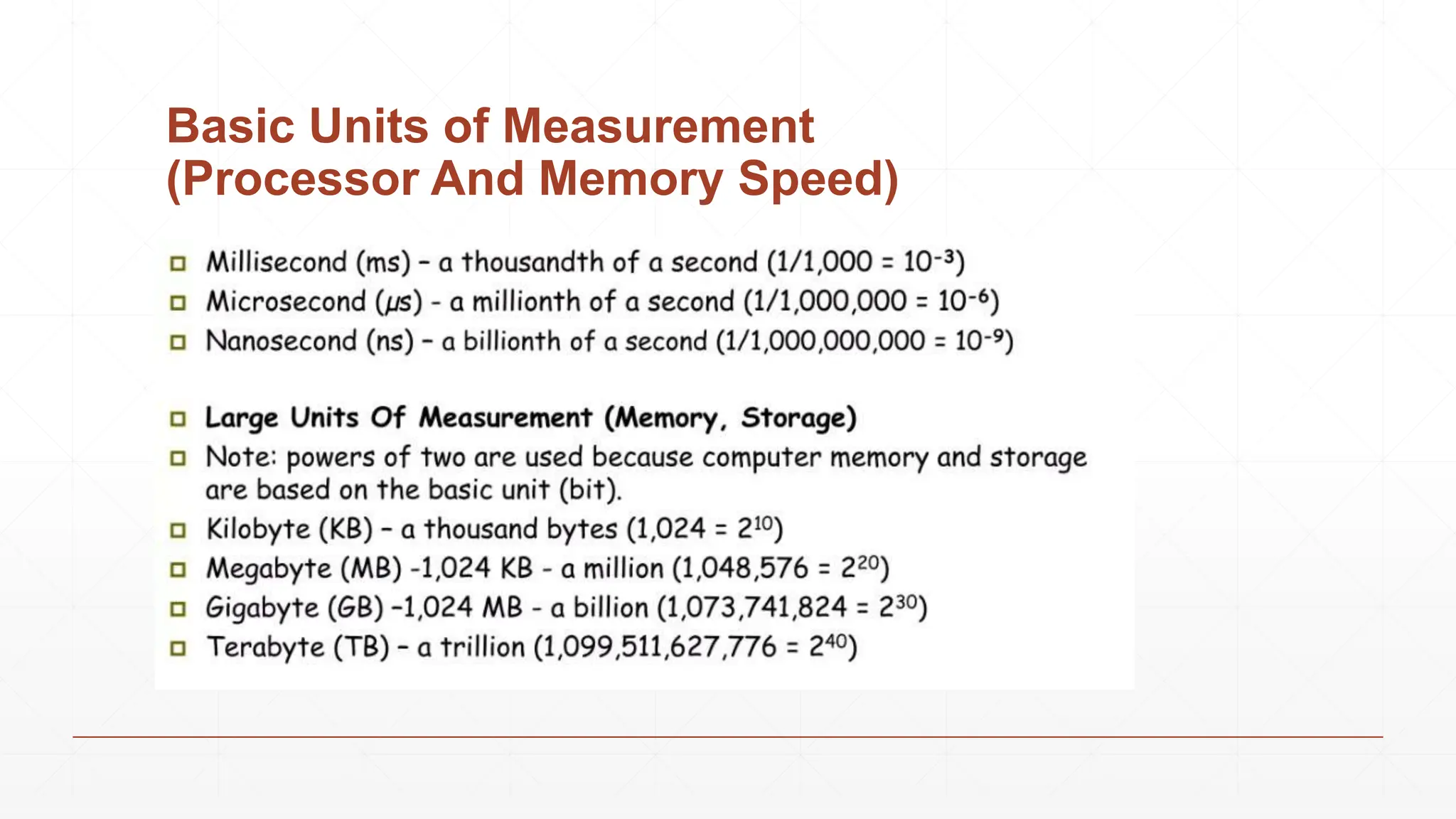 Basic Units of Measurement
(Processor And Memory Speed)
 