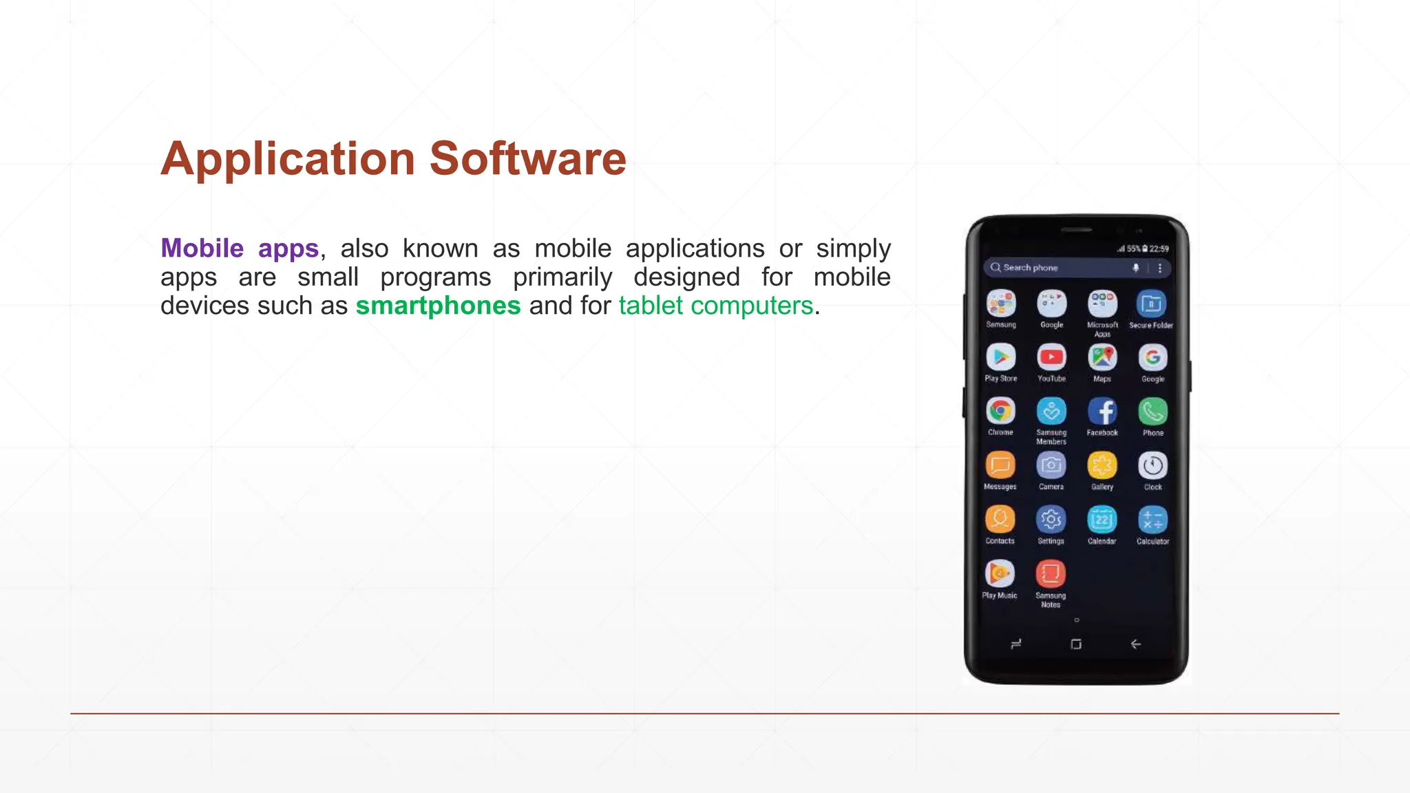 Application Software
Mobile apps, also known as mobile applications or simply
apps are small programs primarily designed for mobile
devices such as smartphones and for tablet computers.
 
