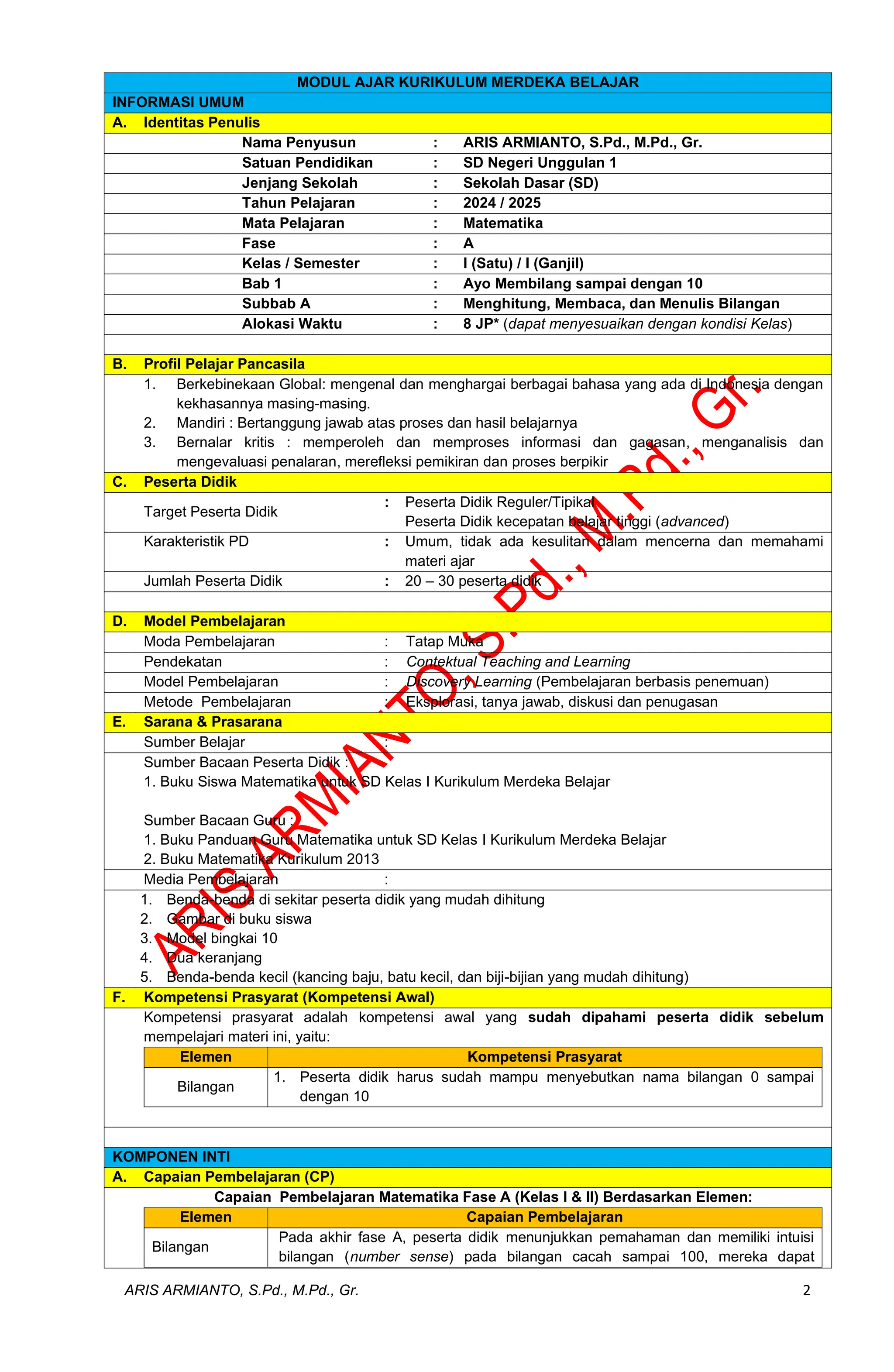 Modul Ajar Matematika Kelas 1 Kurikulum Merdeka Pdf