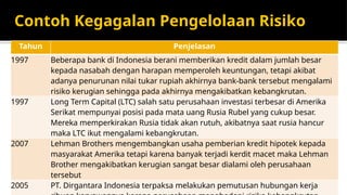 Contoh Kegagalan Pengelolaan Risiko
Tahun Penjelasan
1997 Beberapa bank di Indonesia berani memberikan kredit dalam jumlah besar
kepada nasabah dengan harapan memperoleh keuntungan, tetapi akibat
adanya penurunan nilai tukar rupiah akhirnya bank-bank tersebut mengalami
risiko kerugian sehingga pada akhirnya mengakibatkan kebangkrutan.
1997 Long Term Capital (LTC) salah satu perusahaan investasi terbesar di Amerika
Serikat mempunyai posisi pada mata uang Rusia Rubel yang cukup besar.
Mereka memperkirakan Rusia tidak akan rutuh, akibatnya saat rusia hancur
maka LTC ikut mengalami kebangkrutan.
2007 Lehman Brothers mengembangkan usaha pemberian kredit hipotek kepada
masyarakat Amerika tetapi karena banyak terjadi kerdit macet maka Lehman
Brother mengakibatkan kerugian sangat besar dialami oleh perusahaan
tersebut
2005 PT. Dirgantara Indonesia terpaksa melakukan pemutusan hubungan kerja
 