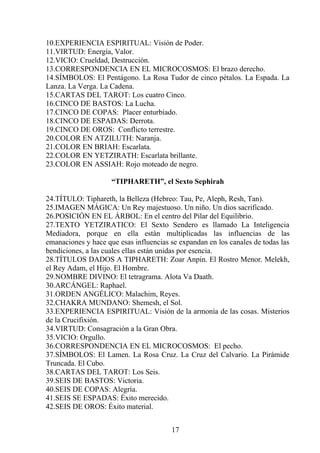 10.EXPERIENCIA ESPIRITUAL: Visión de Poder.
11.VIRTUD: Energía, Valor.
12.VICIO: Crueldad, Destrucción.
13.CORRESPONDENCIA EN EL MICROCOSMOS: El brazo derecho.
14.SÍMBOLOS: El Pentágono. La Rosa Tudor de cinco pétalos. La Espada. La
Lanza. La Verga. La Cadena.
15.CARTAS DEL TAROT: Los cuatro Cinco.
16.CINCO DE BASTOS: La Lucha.
17.CINCO DE COPAS: Placer enturbiado.
18.CINCO DE ESPADAS: Derrota.
19.CINCO DE OROS: Conflicto terrestre.
20.COLOR EN ATZILUTH: Naranja.
21.COLOR EN BRIAH: Escarlata.
22.COLOR EN YETZIRATH: Escarlata brillante.
23.COLOR EN ASSIAH: Rojo moteado de negro.
“TIPHARETH”, el Sexto Sephirah
24.TÍTULO: Tiphareth, la Belleza (Hebreo: Tau, Pe, Aleph, Resh, Tan).
25.IMAGEN MÁGICA: Un Rey majestuoso. Un niño. Un dios sacrificado.
26.POSICIÓN EN EL ÁRBOL: En el centro del Pilar del Equilibrio.
27.TEXTO YETZIRATICO: El Sexto Sendero es llamado La Inteligencia
Mediadora, porque en ella están multiplicadas las influencias de las
emanaciones y hace que esas influencias se expandan en los canales de todas las
bendiciones, a las cuales ellas están unidas por esencia.
28.TÍTULOS DADOS A TIPHARETH: Zoar Anpin. El Rostro Menor. Melekh,
el Rey Adam, el Hijo. El Hombre.
29.NOMBRE DIVINO: El tetragrama. Alota Va Daath.
30.ARCÁNGEL: Raphael.
31.ORDEN ANGÉLICO: Malachim, Reyes.
32.CHAKRA MUNDANO: Shemesh, el Sol.
33.EXPERIENCIA ESPIRITUAL: Visión de la armonía de las cosas. Misterios
de la Crucifixión.
34.VIRTUD: Consagración a la Gran Obra.
35.VICIO: Orgullo.
36.CORRESPONDENCIA EN EL MICROCOSMOS: El pecho.
37.SÍMBOLOS: El Lamen. La Rosa Cruz. La Cruz del Calvario. La Pirámide
Truncada. El Cubo.
38.CARTAS DEL TAROT: Los Seis.
39.SEIS DE BASTOS: Victoria.
40.SEIS DE COPAS: Alegría.
41.SEIS SE ESPADAS: Éxito merecido.
42.SEIS DE OROS: Éxito material.
17
 