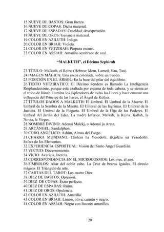 15.NUEVE DE BASTOS: Gran fuerza.
16.NUEVE DE COPAS: Dicha material.
17.NUEVE DE ESPADAS: Crueldad, desesperación.
18.NUEVE DE OROS: Ganancia material.
19.COLOR EN AZILUTH: Índigo.
20.COLOR EN BRIAH: Violeta.
21.COLOR EN YETZIRAH: Púrpura oscuro.
22.COLOR EN ASSIAH: Amarillo sembrado de azul.
“MALKUTH”, el Décimo Sephirah
23.TÍTULO: Malkuth, el Reino (Hebreo: Mem, Lamed, Vau, Tau).
24.IMAGEN MÁGICA: Una joven coronada, sobre un tronco.
25.POSICIÓN EN EL ÁRBOL: En la base del pilar del equilibrio.
26.TEXTO YETZIRATICO: El Décimo Sendero es llamado La Inteligencia
Resplandeciente, porque está exaltada por encima de toda cabeza, y se sienta en
el trono de Binah. Ilumina los esplendores de todas las Luces y hace emanar una
influencia del Príncipe de las Faces, el Ángel de Kether.
27.TÍTULOS DADOS A MALKUTH: El Umbral. El Umbral de la Muerte. El
Umbral de la Sombra de la Muerte. El Umbral de las lágrimas. El Umbral de la
Justicia. El Umbral de la Plegaria. El Umbral de la Hija de los Poderes. El
Umbral del Jardín del Edén. La madre Inferior. Malkah, la Reina. Kallah, la
Novia, la Virgen.
28.NOMBRE DIVINO: Adonai Malekj, o Adonai ja Aretz.
29.ARCÁNGEL: Sandalphon.
30.CORO ANGÉLICO: Ashim, Almas del Fuego.
31.CHAKRA MUNDANO: Cholem ha Yesodoth, (Kjolém ya Yesodoth).
Esfera de los Elementos.
32.EXPERIENCIA ESPIRITUAL: Visión del Santo Ángel Guardián.
33.VIRTUD: Discernimiento.
34.VICIO: Avaricia, Inercia.
35.CORRESPONDENCIA EN EL MICROCOSMOS: Los pies, el ano.
36.SÍMBOLOS: Altar del doble cubo. La Cruz de brazos iguales. El círculo
mágico. El Triángulo de arte.
37.CARTAS DEL TAROT: Los cuatro Diez.
38.DIEZ DE BASTOS: Opresión.
39.DIEZ DE COPAS: Éxito perfecto.
40.DIEZ DE ESPADAS: Ruina.
41.DIEZ DE OROS: Opulencia.
42.COLOR EN AZILUTH: Amarillo.
43.COLOR EN BRIAH: Limón, oliva, carmín y negro.
44.COLOR EN ASSIAH: Negro con listones amarillos.
20
 