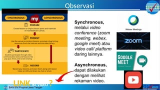 Observasi
Synchronous,
melalui video
conference (zoom
meeting, webex,
google meet) atau
video call/ platform
daring lainnya.
Asynchronous,
dapat dilakukan
dengan melihat
rekaman video.
LINK KE VIDEO ?
 
