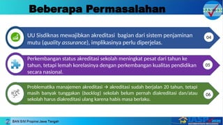 Beberapa Permasalahan
Problematika manajemen akreditasi akreditasi sudah berjalan 20 tahun, tetapi
🡪
masih banyak tunggakan (backlog) sekolah belum pernah diakreditasi dan/atau
sekolah harus diakreditasi ulang karena habis masa berlaku.
04
05
06
UU Sisdiknas mewajibkan akreditasi bagian dari sistem penjaminan
mutu (quality assurance), implikasinya perlu diperjelas.
Perkembangan status akreditasi sekolah meningkat pesat dari tahun ke
tahun, tetapi lemah korelasinya dengan perkembangan kualitas pendidikan
secara nasional.
 