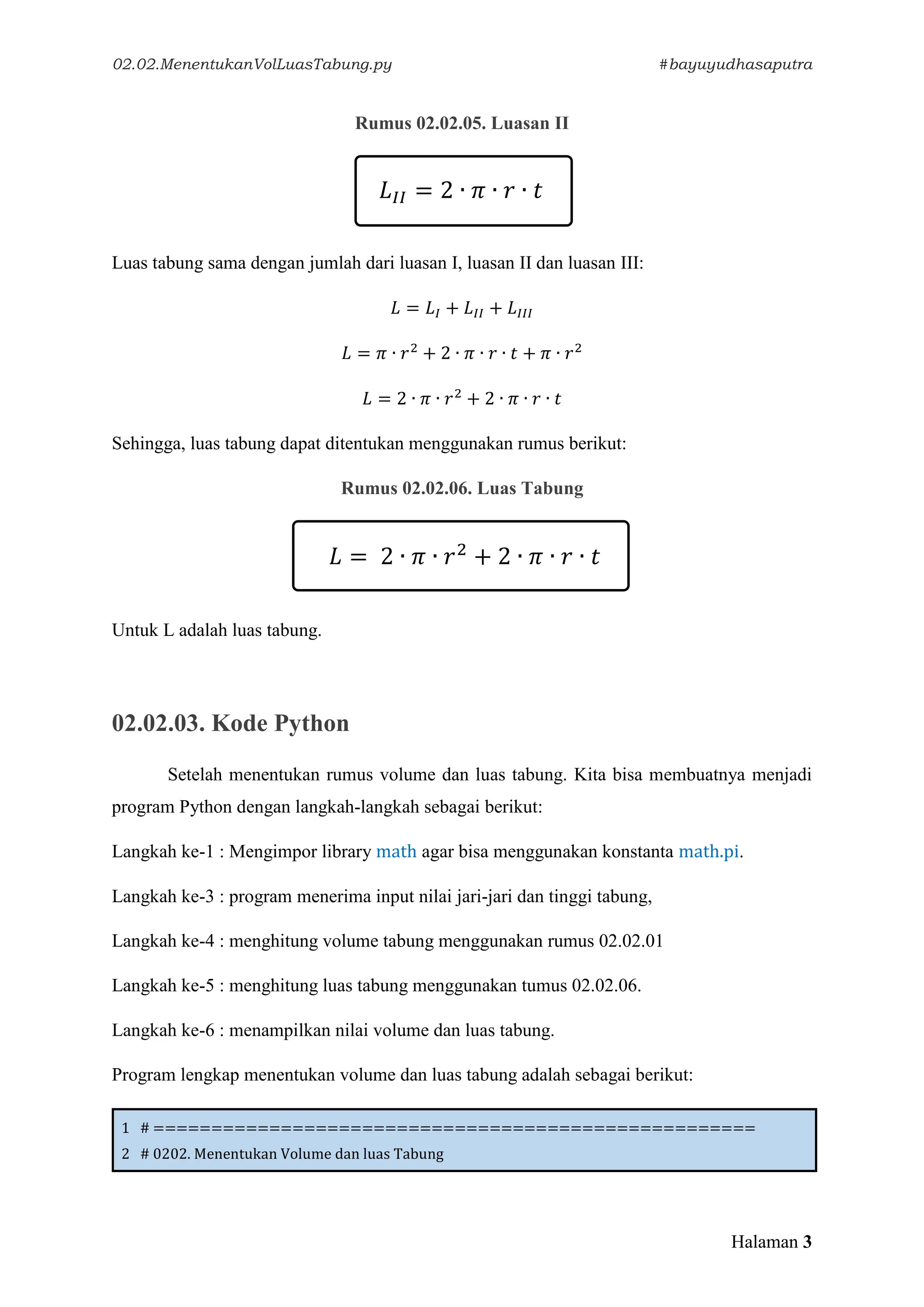 02.02. Menentukan Volume dan Luas Tabung Menggunakan Python | PDF