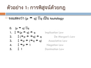 ตัวอย่าง 1: การพิสูจน์ด้วยกฎ
 จงแสดงว่า (p  q) q เป็น tautology
0. (p  q) q
1.  (p  q)  q Implication Law
2.  (p  q)  q De Morgan’s Law
3.  p  (q  q) Associative Law
4.  p  1 Negation Law
5.  1 Domination Law
 