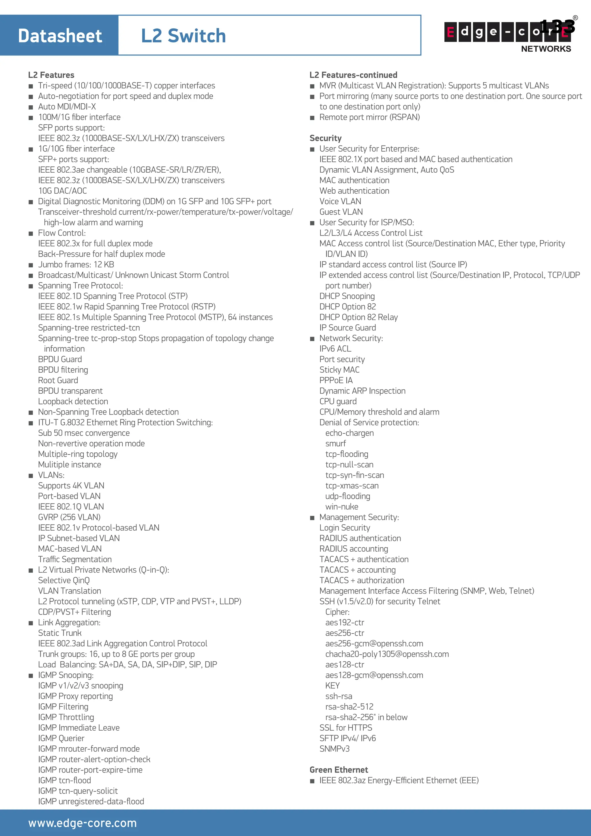 Datasheet L2 Switch
L2 Features
■ Tri-speed (10/100/1000BASE-T) copper interfaces
■ Auto-negotiation for port speed and duplex mode
■ Auto MDI/MDI-X
■ 100M/1G ﬁber interface
SFP ports support:
IEEE 802.3z (1000BASE-SX/LX/LHX/ZX) transceivers
■ 1G/10G ﬁber interface
SFP+ ports support:
IEEE 802.3ae changeable (10GBASE-SR/LR/ZR/ER),
IEEE 802.3z (1000BASE-SX/LX/LHX/ZX) transceivers
10G DAC/AOC
■ Digital Diagnostic Monitoring (DDM) on 1G SFP and 10G SFP+ port
Transceiver-threshold current/rx-power/temperature/tx-power/voltage/
high-low alarm and warning
■ Flow Control:
IEEE 802.3x for full duplex mode
Back-Pressure for half duplex mode
■ Jumbo frames: 12 KB
■ Broadcast/Multicast/ Unknown Unicast Storm Control
■ Spanning Tree Protocol:
IEEE 802.1D Spanning Tree Protocol (STP)
IEEE 802.1w Rapid Spanning Tree Protocol (RSTP)
IEEE 802.1s Multiple Spanning Tree Protocol (MSTP), 64 instances
Spanning-tree restricted-tcn
Spanning-tree tc-prop-stop Stops propagation of topology change
information
BPDU Guard
BPDU ﬁltering
Root Guard
BPDU transparent
Loopback detection
■ Non-Spanning Tree Loopback detection
■ ITU-T G.8032 Ethernet Ring Protection Switching:
Sub 50 msec convergence
Non-revertive operation mode
Multiple-ring topology
Mulitiple instance
■ VLANs:
Supports 4K VLAN
Port-based VLAN
IEEE 802.1Q VLAN
GVRP (256 VLAN)
IEEE 802.1v Protocol-based VLAN
IP Subnet-based VLAN
MAC-based VLAN
Traﬃc Segmentation
■ L2 Virtual Private Networks (Q-in-Q):
Selective QinQ
VLAN Translation
L2 Protocol tunneling (xSTP, CDP, VTP and PVST+, LLDP)
CDP/PVST+ Filtering
■ Link Aggregation:
Static Trunk
IEEE 802.3ad Link Aggregation Control Protocol
Trunk groups: 16, up to 8 GE ports per group
Load Balancing: SA+DA, SA, DA, SIP+DIP, SIP, DIP
■ IGMP Snooping:
IGMP v1/v2/v3 snooping
IGMP Proxy reporting
IGMP Filtering
IGMP Throttling
IGMP Immediate Leave
IGMP Querier
IGMP mrouter-forward mode
IGMP router-alert-option-check
IGMP router-port-expire-time
IGMP tcn-ﬂood
IGMP tcn-query-solicit
IGMP unregistered-data-ﬂood
L2 Features-continued
■ MVR (Multicast VLAN Registration): Supports 5 multicast VLANs
■ Port mirroring (many source ports to one destination port. One source port
to one destination port only)
■ Remote port mirror (RSPAN)
Security
■ User Security for Enterprise:
IEEE 802.1X port based and MAC based authentication
Dynamic VLAN Assignment, Auto QoS
MAC authentication
Web authentication
Voice VLAN
Guest VLAN
■ User Security for ISP/MSO:
L2/L3/L4 Access Control List
MAC Access control list (Source/Destination MAC, Ether type, Priority
ID/VLAN ID)
IP standard access control list (Source IP)
IP extended access control list (Source/Destination IP, Protocol, TCP/UDP
port number)
DHCP Snooping
DHCP Option 82
DHCP Option 82 Relay
IP Source Guard
■ Network Security:
IPv6 ACL
Port security
Sticky MAC
PPPoE IA
Dynamic ARP Inspection
CPU guard
CPU/Memory threshold and alarm
Denial of Service protection:
echo-chargen
smurf
tcp-ﬂooding
tcp-null-scan
tcp-syn-ﬁn-scan
tcp-xmas-scan
udp-ﬂooding
win-nuke
■ Management Security:
Login Security
RADIUS authentication
RADIUS accounting
TACACS + authentication
TACACS + accounting
TACACS + authorization
Management Interface Access Filtering (SNMP, Web, Telnet)
SSH (v1.5/v2.0) for security Telnet
Cipher:
aes192-ctr
aes256-ctr
aes256-gcm@openssh.com
chacha20-poly1305@openssh.com
aes128-ctr
aes128-gcm@openssh.com
KEY
ssh-rsa
rsa-sha2-512
rsa-sha2-256" in below
SSL for HTTPS
SFTP IPv4/ IPv6
SNMPv3
Green Ethernet
■ IEEE 802.3az Energy-Eﬃcient Ethernet (EEE)
133
11.2
11.2
11.2
11.8
11.9
12.2
12.8
12.2
12.2
12.9
12.10
12.2
 