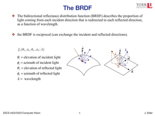 EECS 4422/5323 Computer Vision J. Elder
The BRDF
!4
❖ The bidirectional reflectance distribution function (BRDF) describes the proportion of
light coming from each incident direction that is redirected to each reflected direction,
as a function of wavelength.
❖ the BRDF is reciprocal (can exchange the incident and reflected directions).
els can be used to compute the global illumination corresponding to a
flectance Distribution Function (BRDF)
el of light scattering is the bidirectional reflectance distribution func-
e to some local coordinate frame on the surface, the BRDF is a four-
hat describes how much of each wavelength arriving at an incident
in a reflected direction v̂r (Figure 2.15b). The function can be written
of the incident and reflected directions relative to the surface frame as
fr(✓i, i, ✓r, r; ). (2.81)
al, i.e., because of the physics of light transport, you can interchange
and still get the same answer (this is sometimes called Helmholtz
neral models of light transport exist, including some that model spatial variation along
tering, and atmospheric effects—see Section 12.7.1—(Dorsey, Rushmeier, and Sillion
ensch et al. 2008).
θi = elevation of incident light
φi = azimuth of incident light
θr = elevation of reflected light
φr = azimuth of reflected light
λ = wavelength
62 Computer Vision: Algorithms and Applications (September 3, 2010 dra
n
^
vi
dx
n
^ vr
^
dy
^
θi
φi
φr
θr
^
^
(a) (b)
Figure 2.15 (a) Light scatters when it hits a surface. (b) The bidirectional reflectan
distribution function (BRDF) f(✓i, i, ✓r, r) is parameterized by the angles that the inc
dent, v̂i, and reflected, v̂r, light ray directions make with the local surface coordinate fram
( ˆ
dx, ˆ
dy, n̂).
2.2.2 Reflectance and shading
When light hits an object’s surface, it is scattered and reflected (Figure 2.15a). Many differe
 