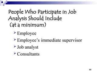 33
People Who Participate in Job
Analysis Should Include
(at a minimum)
 Employee
 Employee’s immediate supervisor
 Job analyst
 Consultants
 