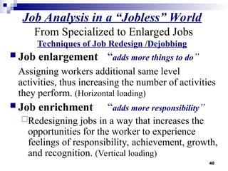40
Job Analysis in a “Jobless” World
From Specialized to Enlarged Jobs
Techniques of Job Redesign /Dejobbing
 Job enlargement “adds more things to do”
Assigning workers additional same level
activities, thus increasing the number of activities
they perform. (Horizontal loading)
 Job enrichment “adds more responsibility”
Redesigning jobs in a way that increases the
opportunities for the worker to experience
feelings of responsibility, achievement, growth,
and recognition. (Vertical loading)
 