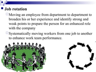 41
 Job rotation
Moving an employee from department to department to
broaden his or her experience and identify strong and
weak points to prepare the person for an enhanced role
with the company
Systematically moving workers from one job to another
to enhance work team performance.
 