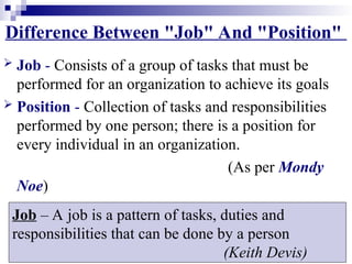 7
Difference Between "Job" And "Position"
 Job - Consists of a group of tasks that must be
performed for an organization to achieve its goals
 Position - Collection of tasks and responsibilities
performed by one person; there is a position for
every individual in an organization.
(As per Mondy
Noe)
Job – A job is a pattern of tasks, duties and
responsibilities that can be done by a person
(Keith Devis)
 